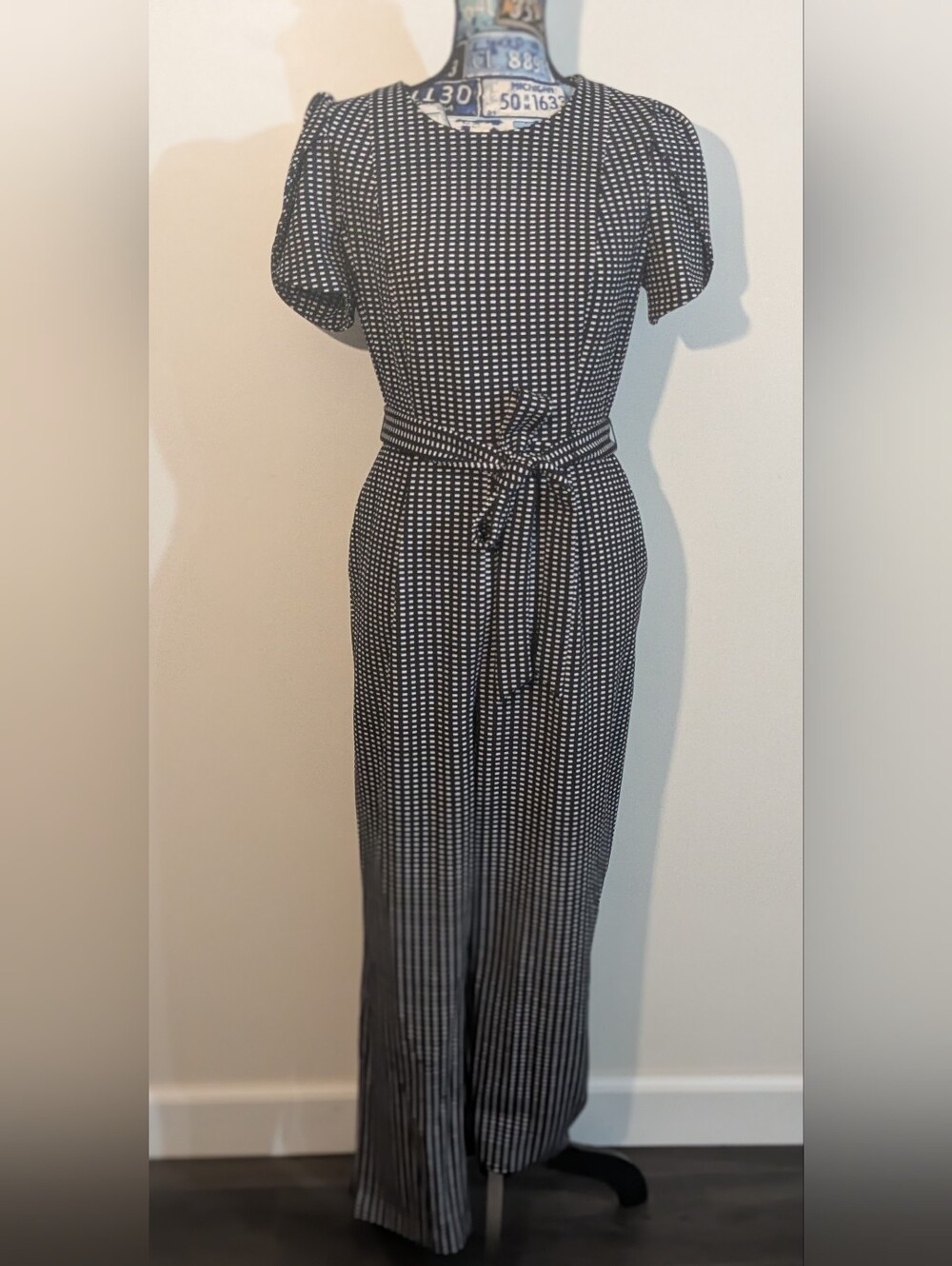 Calvin Klein Classy Black & White Checkered Print Petal Sleeve Jumpsuit